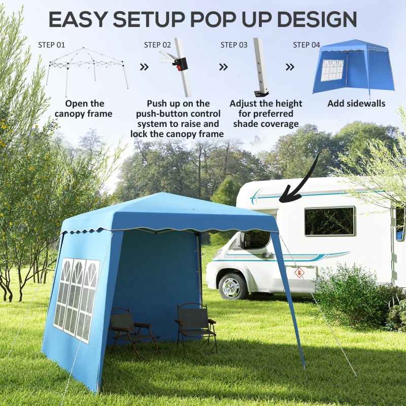 Outsunny 2.4 x 2.4m Pop Up Gazebo Canopy Tent with 2 Sidewalls and Carry Bag, Height Adjustable, UV50+ Party Tent Event Shelter for Garden, Patio, Blue