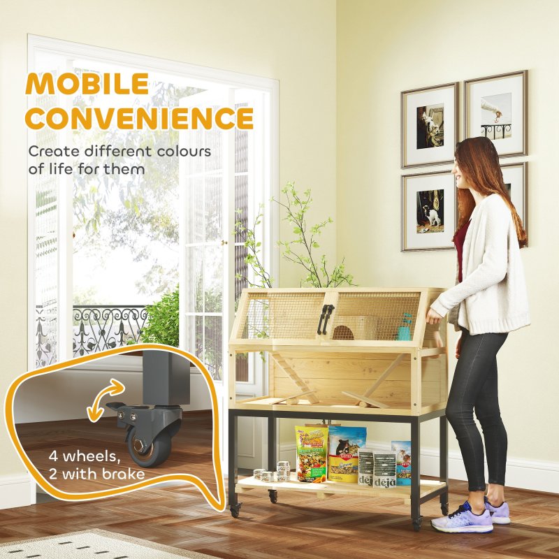 PawHut Hamster Cage, Wooden Gerbil Cage with Storage Shelf, Wheels, Ramps, Water Bottle, Hut, Seesaws, for Dwarf, Syrian, Gerbil