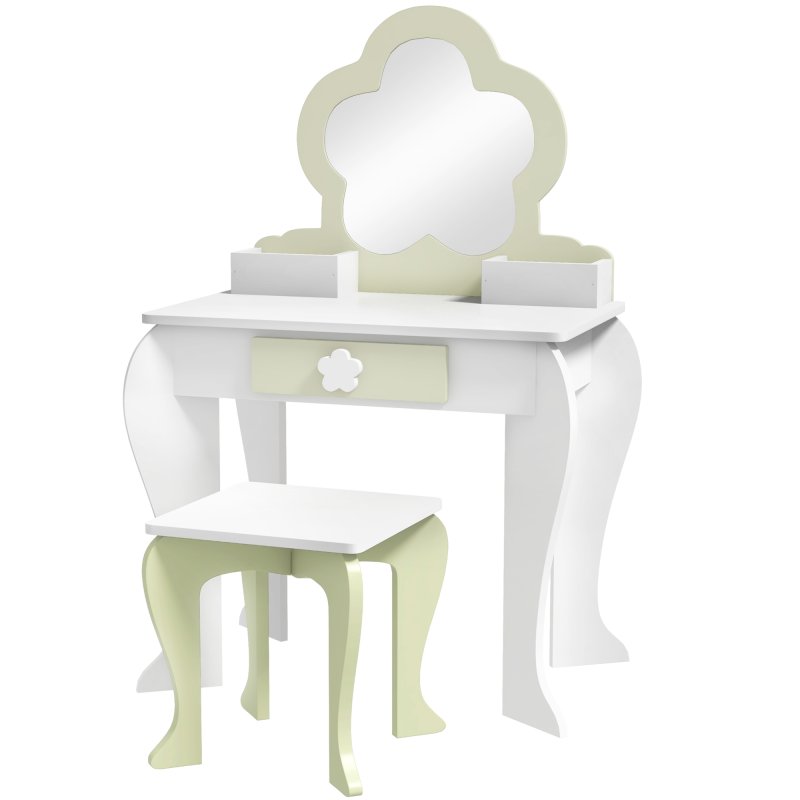 ZONEKIZ Dressing Table with Mirror and Stool, Kids Vanity Table with Drawer, Storage Boxes, Beauty Flower Design Girls Dressing Table for Ages 3-6 Years - White