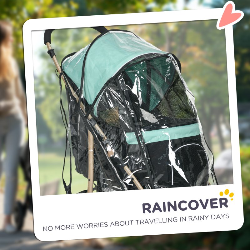 PawHut Dog Stroller with Rain Cover, Foldable Dog Pram, 4 Wheels Pet Pushchair with Safety Leashes, for Small, Miniature Dogs, Cats - Green