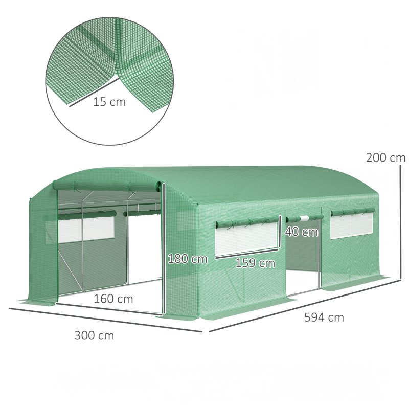 Outsunny 6 x 3 x 2m Polytunnel Greenhouse with 3 Roll-up Doors and Mesh Windows, Walk-in Garden Tunnel Warm House Tent with UV-resistant PE Cover and Galvanised Steel Frame, Green
