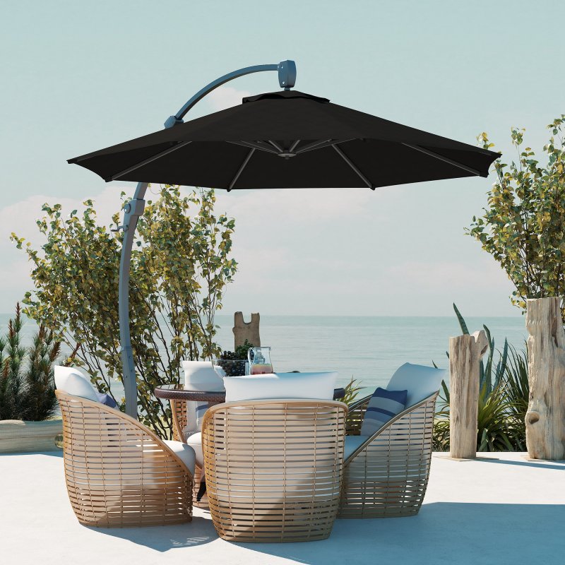 Outsunny 3(m) Garden Cantilever Parasol, Round Overhanging Umbrella with Crank Handle, Cross Base, Aluminium Frame and 360 Rotation, Banana Patio Umbrella for Outdoor Sun Shade, Black