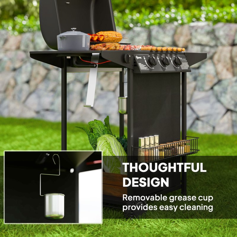 Outsunny 3+1 Burner Gas BBQ Grill with Built-in Thermometer, Lid, Portable Gas Barbecue Grill with Side Table, Shelf, Spice Rack, Wheels, Grease Cup for Garden Party Outdoor Cooking, Black