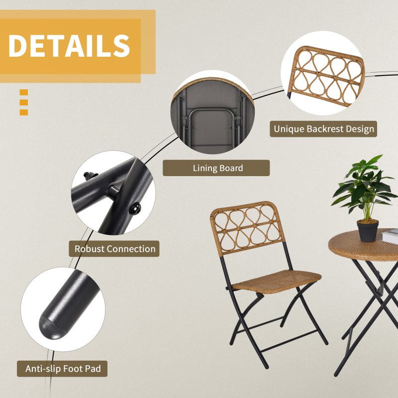 Outsunny 3 Pieces Rattan Bistro Set, Wicker Folding Garden Furniture Set with Coffee Table and Chairs for Outdoor, Patio, Balcony, Natural