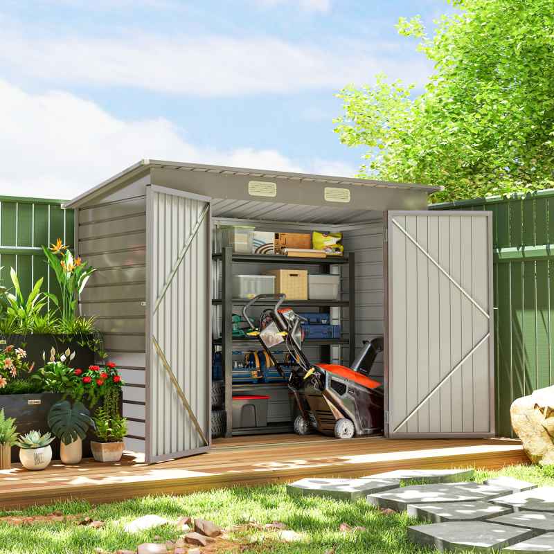 Outsunny 8 x 4FT Garden Shed, Galvanised Metal Shed, Easy to Assemble, Outdoor Tool Storage Shed with Pent Roof, Lockable Door and 2 Vents, Light Grey