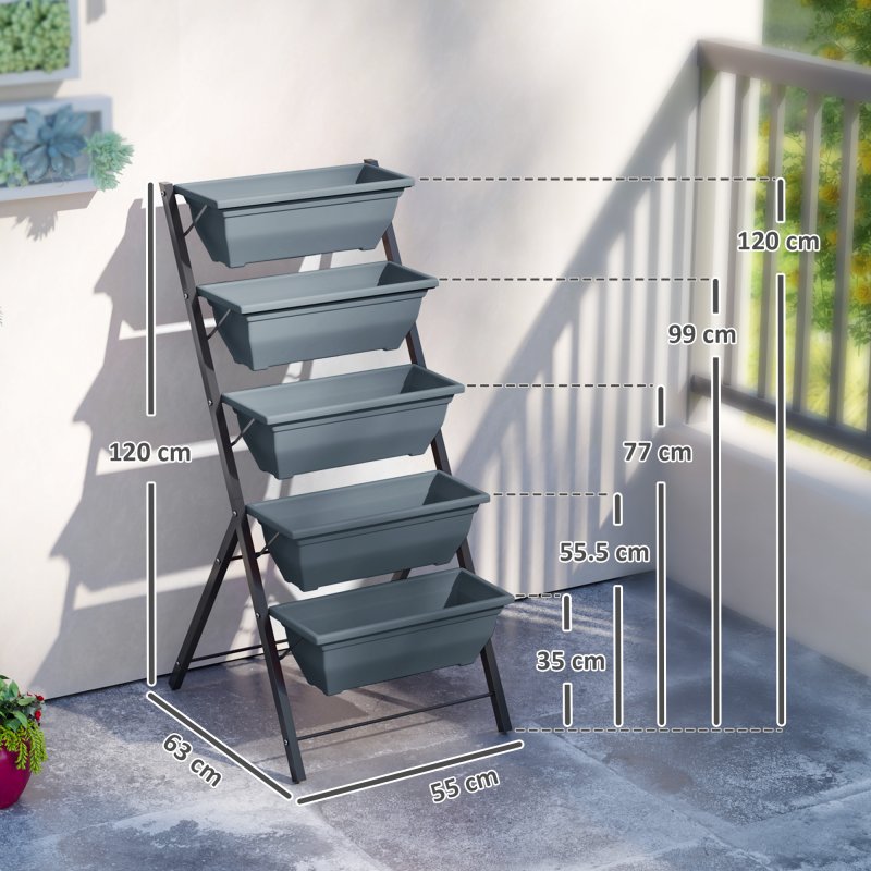 Outsunny 5-Tier Raised Garden Bed, Vertical Ladder Plant Stand with 5 Removable Boxes, Drainage Holes and Plugs, Indoor Outdoor Elevated Flower Herb Growing Box for Garden Patio Balcony, Grey