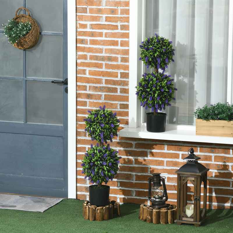 HOMCOM Set of 2 Decorative Artificial Plants Ball Trees with Lavender Flowers in Pot Fake Plants for Home Indoor Outdoor Decor, 70cm, Green