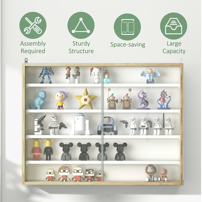 HOMCOM 5-Tier Wall Mounted Display Cabinet, Display Case with 4 Adjustable Shelves, Glass Doors for Home Office Ornaments 60x80cm, Natural