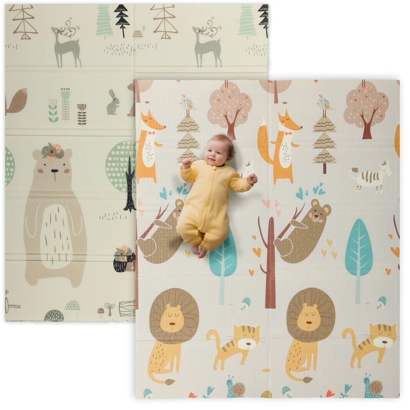 AIYAPLAY Baby Play Mat Double Sided, Foldable & Reversible Activity Playmat, Waterproof Kids Foam Crawling Mat for Outdoor Indoor Playtime Picnics, 177 x 146 x 1.5cm, Animal Theme