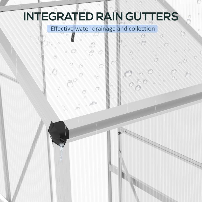 Outsunny 6 x 2.5ft Polycarbonate Greenhouse, Walk-In Green House with Sliding Door, 5-Level Roof Vent, Rain Gutter, Garden Plants Grow House with Aluminium Frame and Foundation, Silver