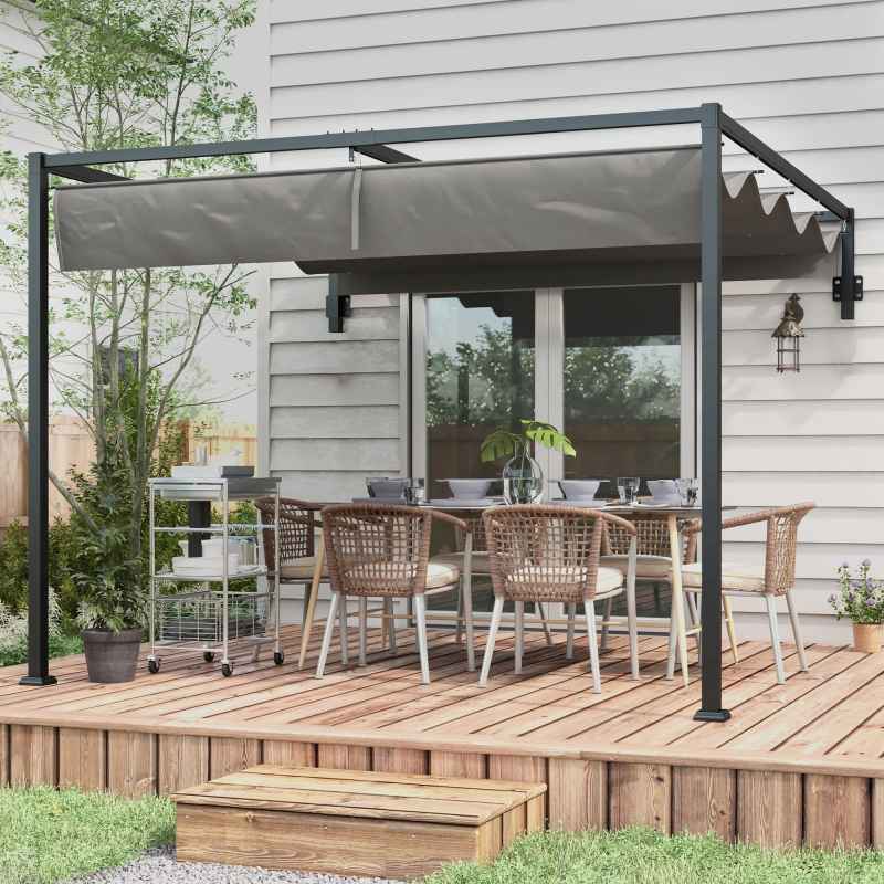 Outsunny 2 x 3(m) Lean To Pergola with Retractable Roof, Wall Mounted Garden Gazebo Outdoor Sun Shade Shelter for Patio, Deck, Dark Grey