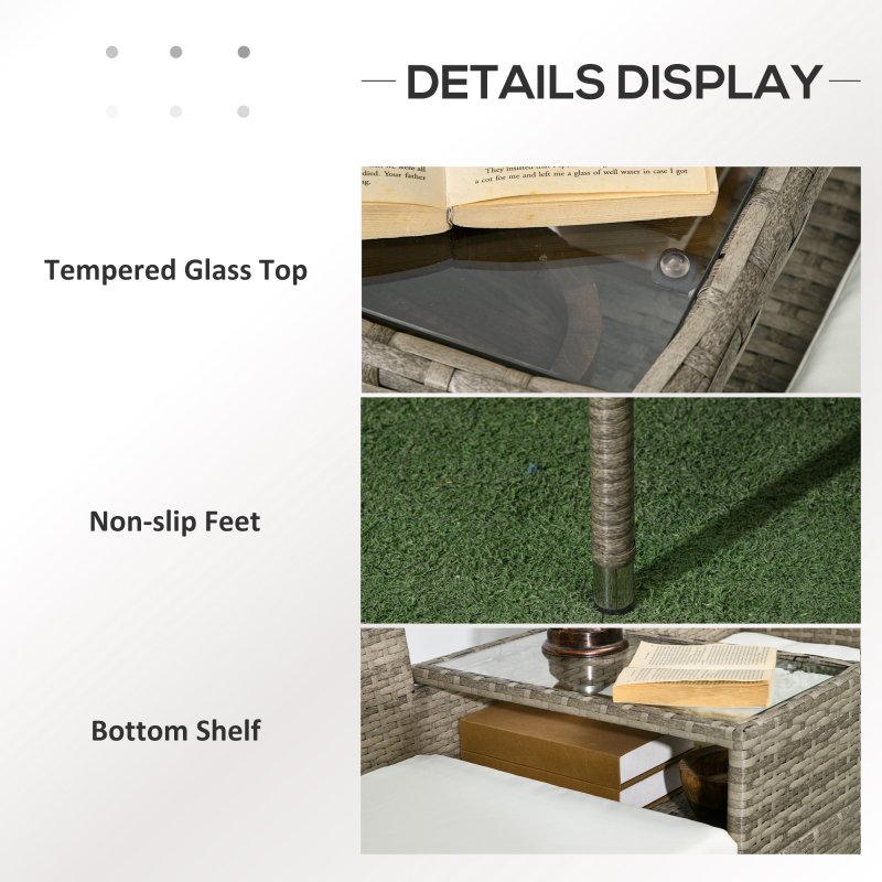 Outsunny 2 Seat Rattan Garden Bench, Patio Wicker Chair with Glass Tea Table, Outdoor Love Seat with Padded Cushions, for Garden, Porch, Mixed Grey/Cream White