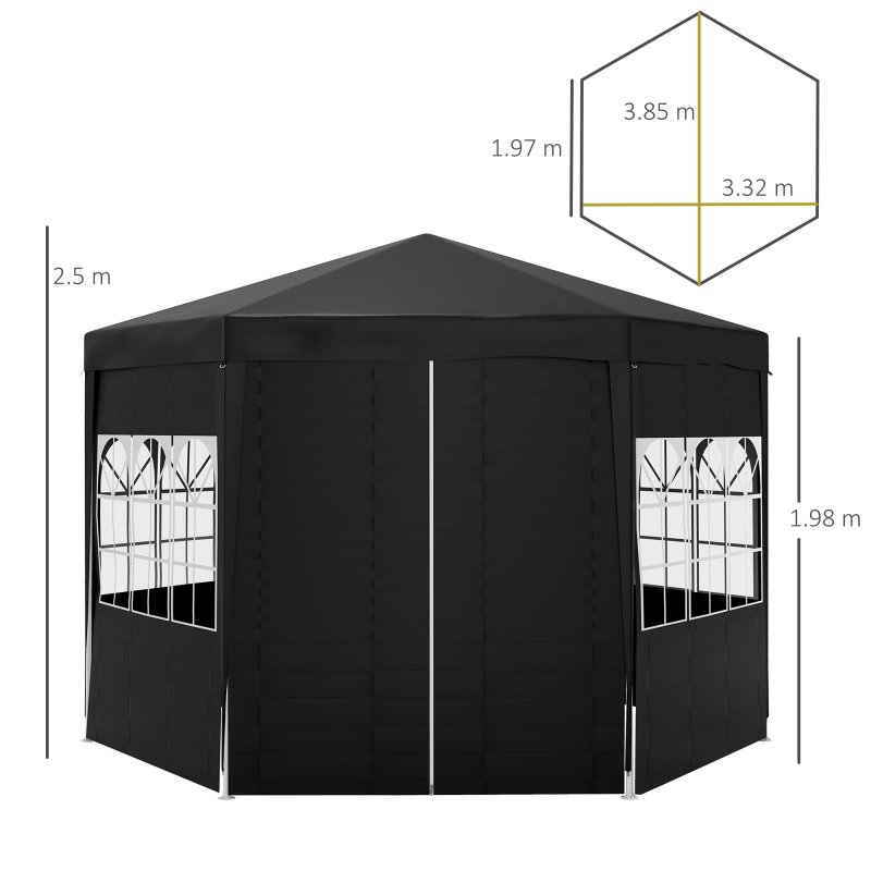 Outsunny 4m Hexagonal Gazebo Canopy Party Tent with 6 Removable Side Walls for Outdoor Event with Windows and Doors, Black