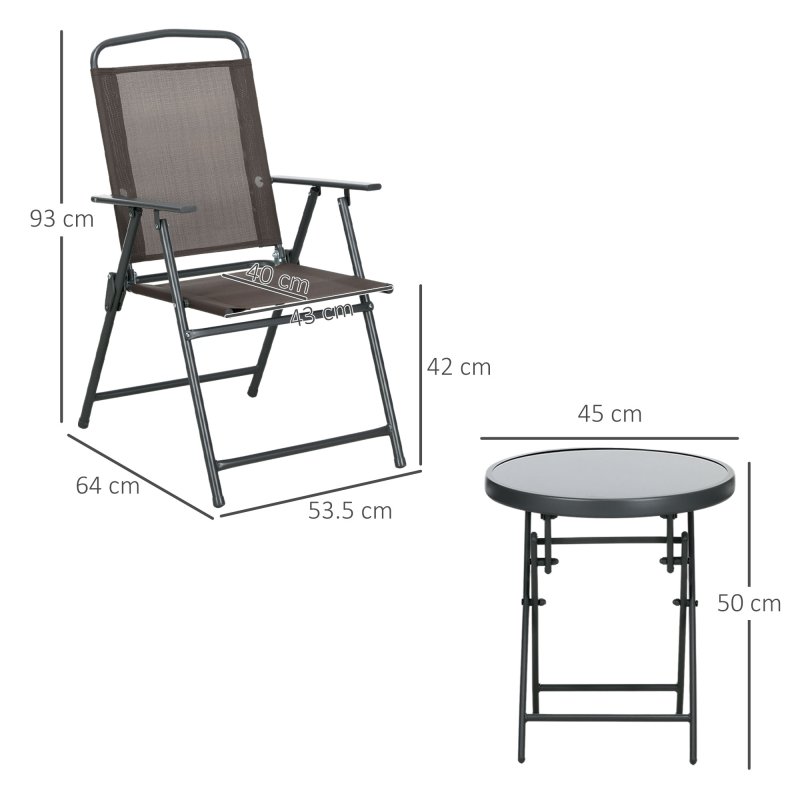 Outsunny Garden Bistro Set, 3 Pieces Table and Chairs Set, Outdoor Garden Furniture with Foldable Breathable Mesh Fabric Armchairs & Glass Top Coffee Table, Brown