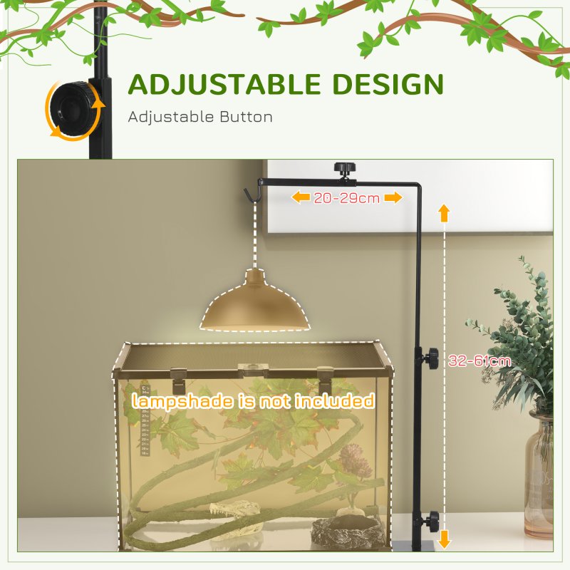 PawHut Reptile Lamp Stand, Adjustable Height and Width Heat Lamp for Reptile Amphibian Terrariums, Light Stand with Hook Hanging Steel Base - Black