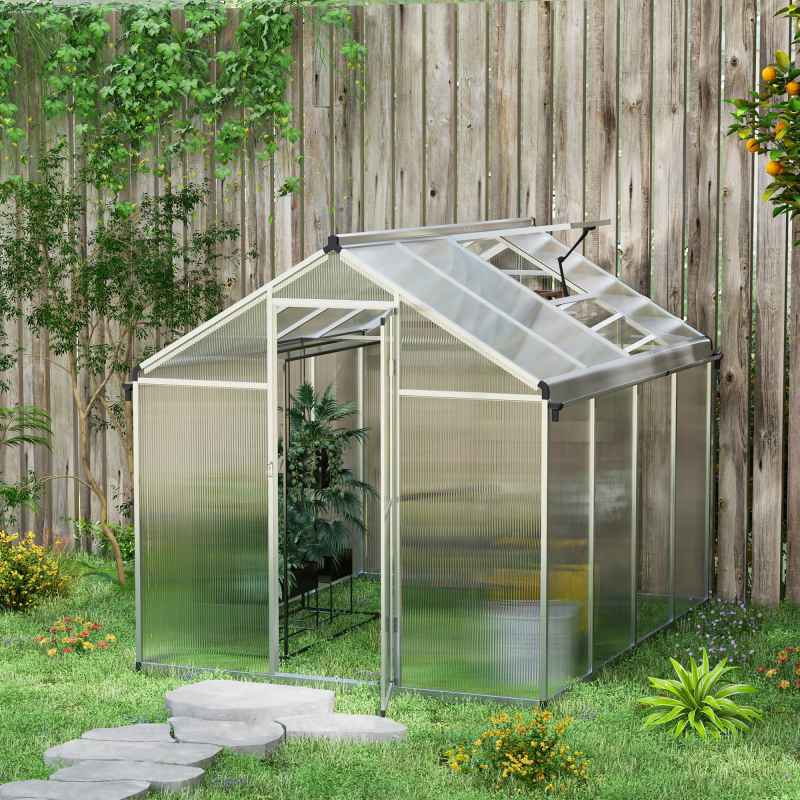 Outsunny 6 x 8ft Polycarbonate Greenhouse with Rain Gutters, Large Walk-In Green House with Door and Window, Garden Plants Grow House with Aluminium Frame and Foundation