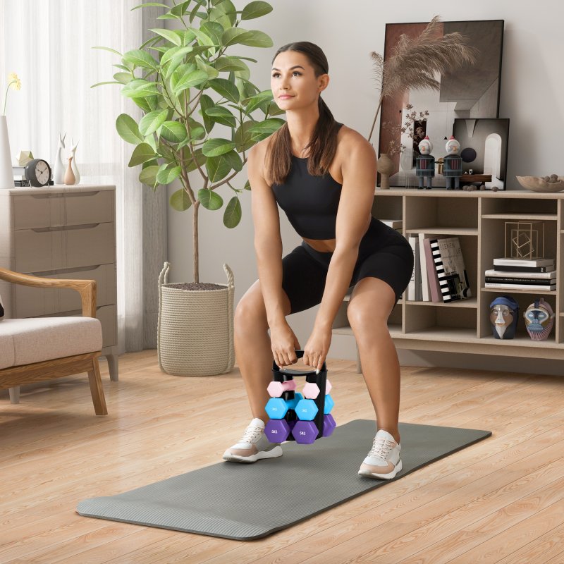 SPORTNOW Dumbbells Set with Carry Storage Rack, Set of 6 Weights for Home Gym, Kettlebell Training Weight Lifting Exercise, 2 x 1kg, 2 x 3kg, 2 x 5kg