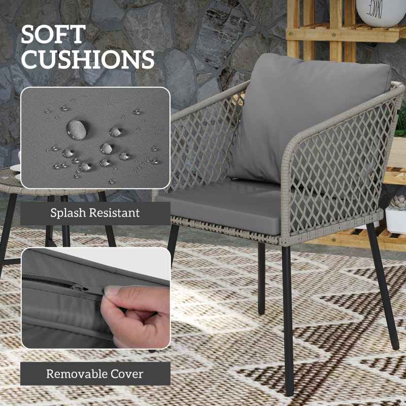 Outsunny 3 Piece Rattan Bistro Set, Patio Wicker Conversation Furniture Set with 2 Chairs, Tempered Glass Table, Cushions, Adjustable Foot Pads, for Garden, Balcony, Grey