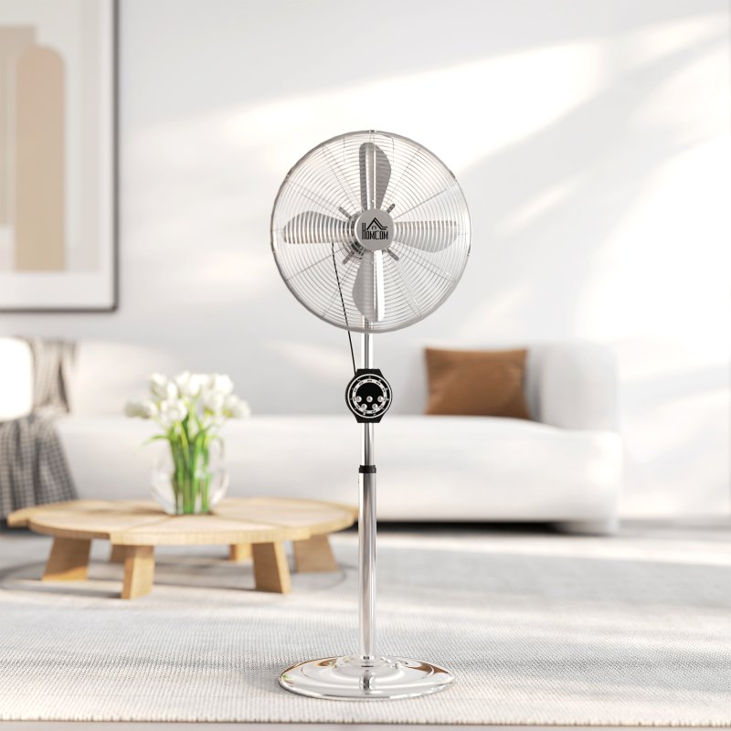HOMCOM 16" Metal Pedestal Fan, Electric Standing Floor Fan, Oscillating, Adjustable Height, 3 Speed, 7.5H Timer, Remote Control, Sleep Mode, for Home Office Bedroom, Silver Tone