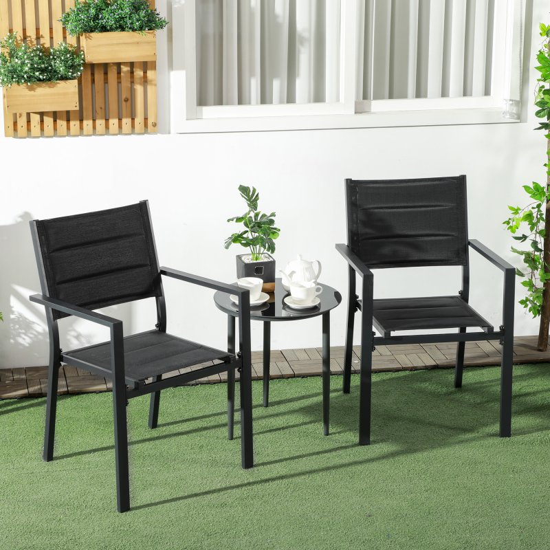 Outsunny 2 Pieces Garden Dining Chairs, Aluminium Outdoor Armchair for 2 with Breathable Mesh Fabric, Stackable Design, Black