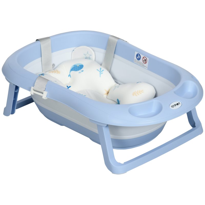 ZONEKIZ Foldable Baby Bath Tub Set, Collapsible Bathtub Antibacterial with Non-Slip Support, Cushion Pad, Shower Head Holder, for Newborn to Toddler Ages 0-6 Years - Blue