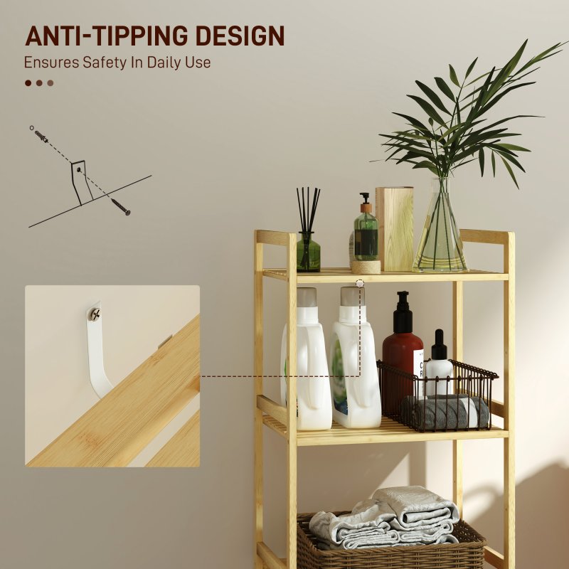 HOMCOM 3-Tier Bamboo Bathroom Storage Shelf, Freestanding Shelving Unit with Adjustable Rack for Kitchen Bathroom Living Room