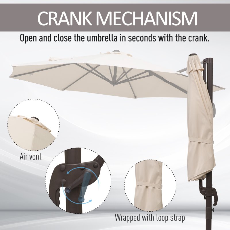 Outsunny 3M Cantilever Parasol, Hanging Garden Umbrella Sun Shade with 360 Rotation, Aluminium Frame, Cross Base, Hand Crank, Beige