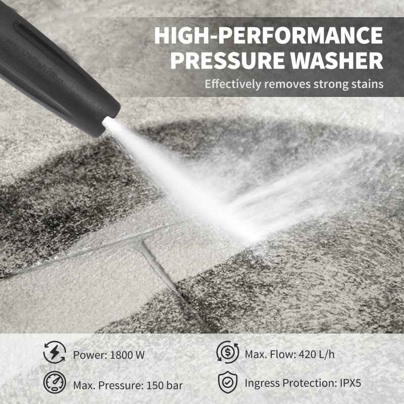 Outsunny 1800W High Pressure Washer, 150 Bar Pressure, 420 L/h Flow, Portable Power Washer Jet Wash Cleaner with Adjustable Nozzle, 6M Hose, Hose Reel, Steel Handle for Home Patio Car Driveway, Blue