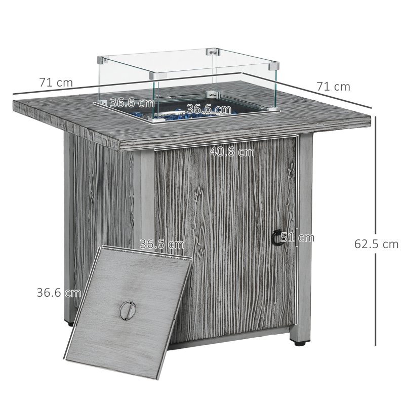 Outsunny Propane Gas Fire Pit Table for Garden, 40000 BTU Smokeless Firepit Outdoor Patio Heater with Waterproof Cover, Glass Screen, Glass Beads and Lid, Wood Effect, 71 x 71 x 62.5cm, Grey