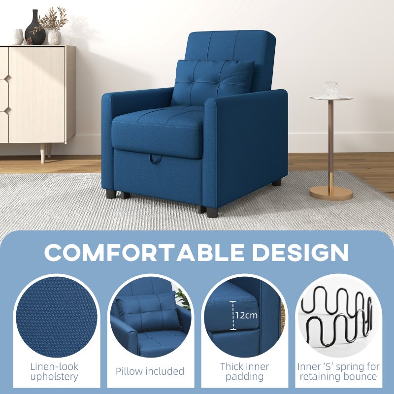 HOMCOM Compact Single Chair Bed, Pull Out Bed, Convertible Sleeper Chair with Adjustable Backrest, Pillow, Side Pockets for Home Office, Bedroom, Living Room