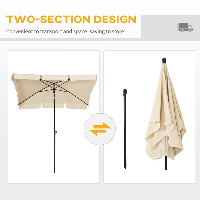 Outsunny 2 x 1.3m Garden Parasol Umbrella, Outdoor Market Table Umbrella with Ruffles & Aluminium Pole, Rectangular Tilting Parasol Sun Shade Canopy, Beige