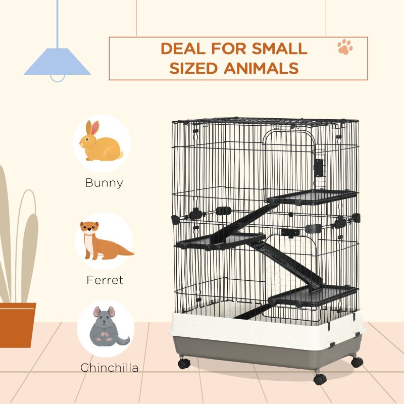 PawHut 4-Level Small Animal Cage, Indoor Bunny House, for Ferrets, Chinchillas w/ Wheels, Slide-Out Tray, Black, 81 x 52.5 x 114 cm