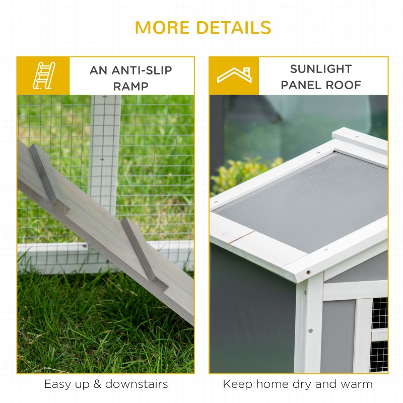 PawHut Wooden Rabbit Hutch 2 Tier Guinea Pig Cage Bunny Run w/ Sunlight Panel Roof and Slide-Out Tray - Grey