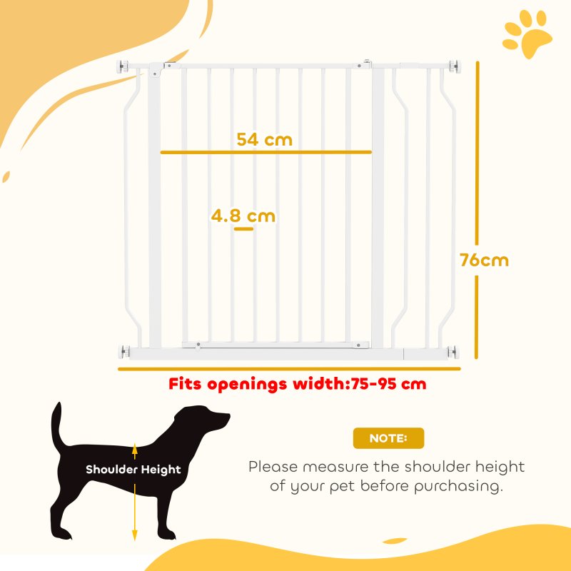 PawHut Dog Gate Wide Stair Gate w/ Door Pressure Fit Pets Barrier for Doorway, Hallway, 76H x 75-95W cm - White