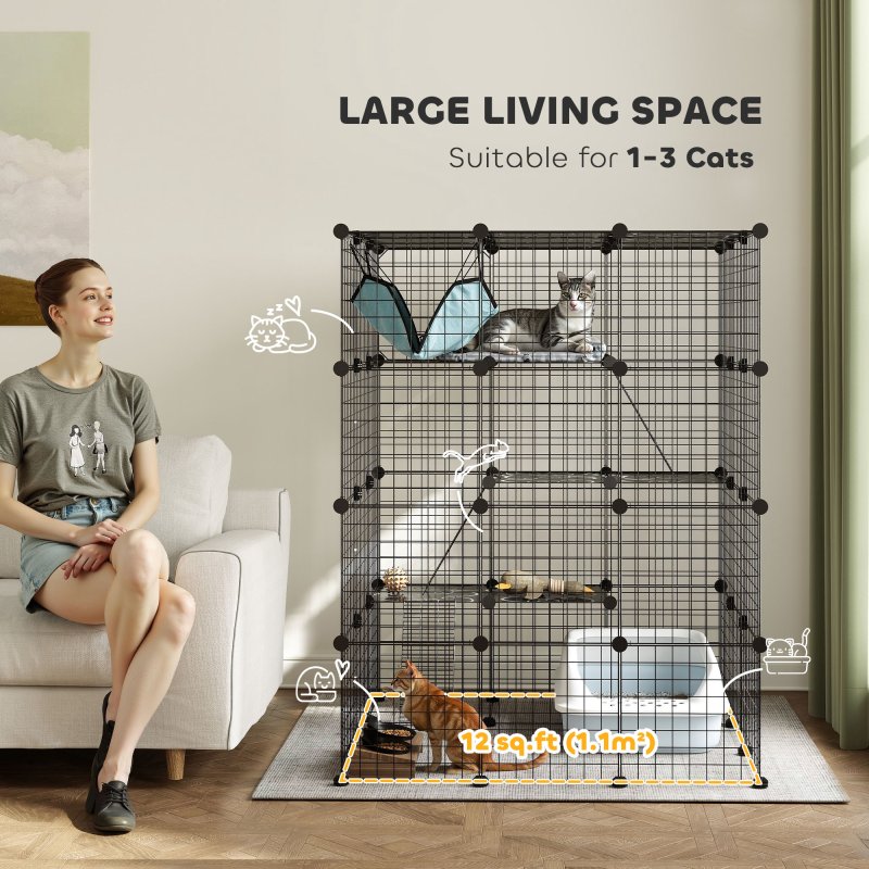 PawHut Cat Cage Indoor, DIY 4 Tier Wire Cat Enclosure with Hammock, Ramps, Doors, Jumping Platforms, Detachable Catio Indoor for 1-3 Cats, 105 x 105 x 140 cm, Black