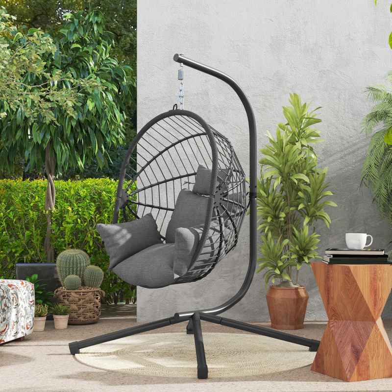 Outsunny Outdoor Swing Chair with Thick Padded Cushion, Patio Hanging Chair with Metal Stand, Foldable Basket Egg Chair with Cup Holder, Rope Structure, for Indoor and Outdoor, Grey