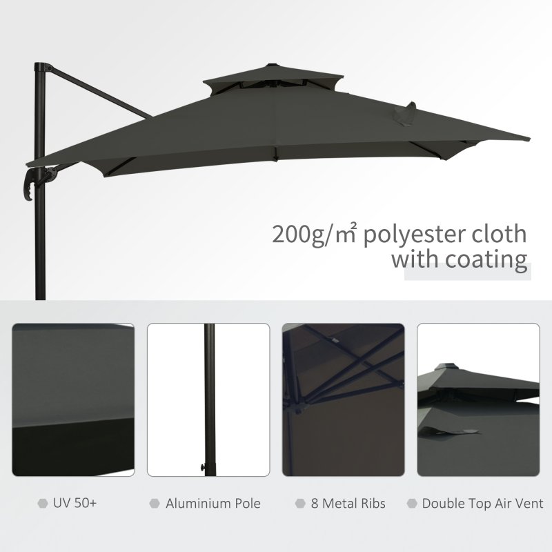 Outsunny 2.7 x 2.7(m) Cantilever Parasol with Aluminium Frame, Crank and Tilt, 360-Degree Rotation, Double Top Garden Umbrella with Base and Cover, Dark Grey