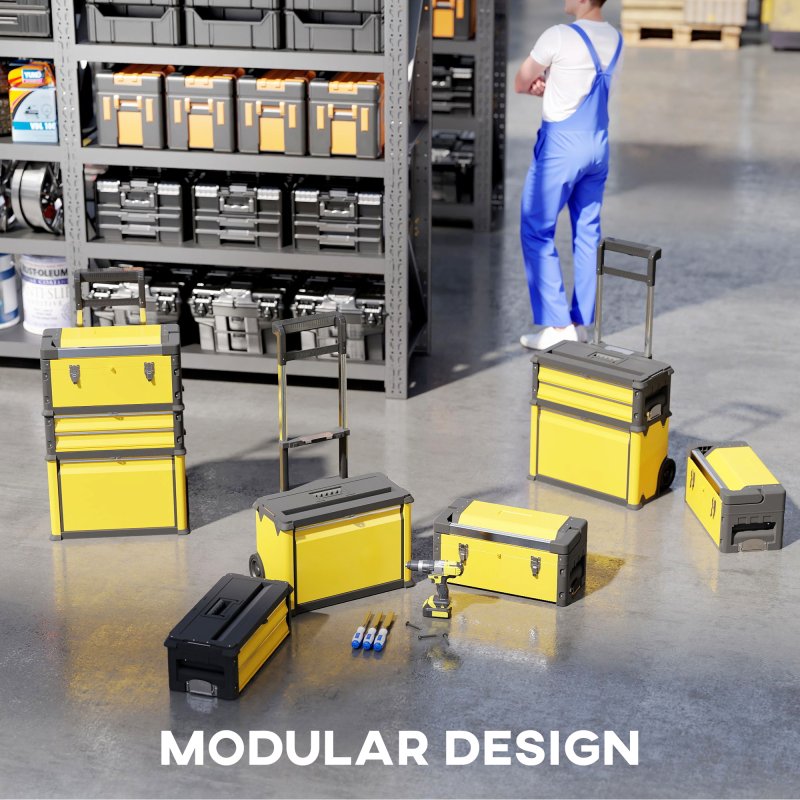 HOMCOM 3-in-1 Rolling Tool Box, Stackable, Modular Powder Coated Steel Toolbox with Tray, Handles, Latches, Wheels, Heavy Duty Tool Storage System for Workshop, Garage, 520mm x 320mm x 720mm, Yellow