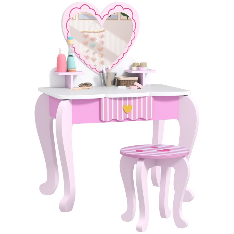 AIYAPLAY Kids Dressing Table Set, 2-Piece Children Vanity Table with Stool, Mirror, Drawer, Desktop, Storage, Heart-Themed Makeup Desk and Chair, Pink