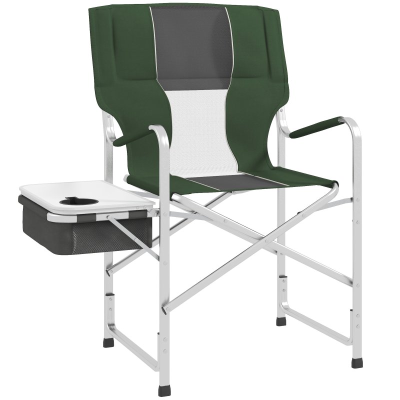 Outsunny Aluminium Directors Chair, Folding Camping Chair for Adults with Side Table, Cup Holder, Cooler Bag and Pocket, Up to 120 kg, Green