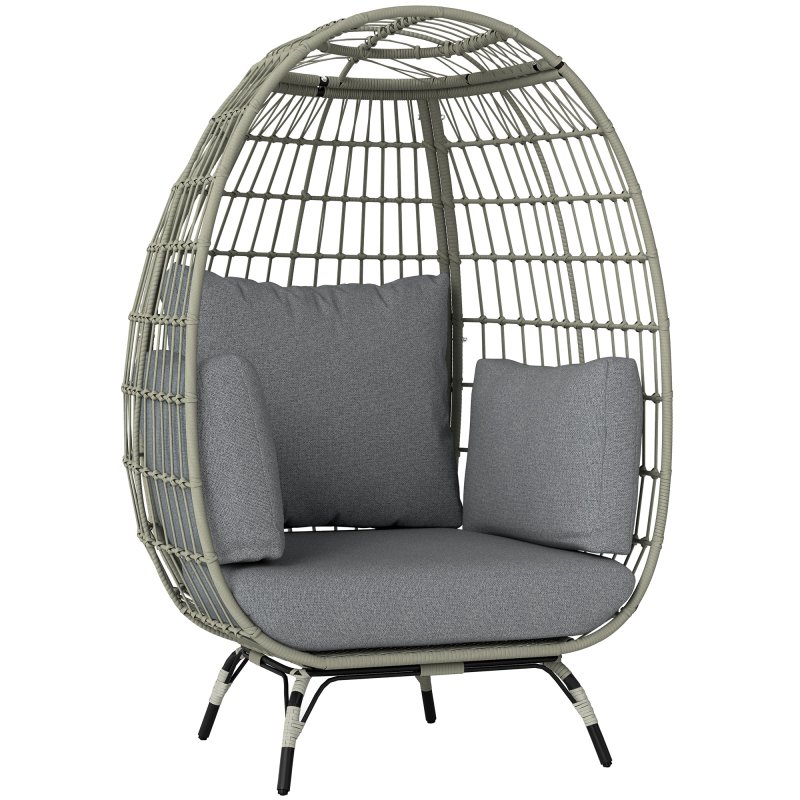 Outsunny Oversized Garden Egg Chair, Outdoor Wicker PE Rattan Chair with Thickened Padded Cushions and Pillows for Balcony, Porch, Charcoal Grey