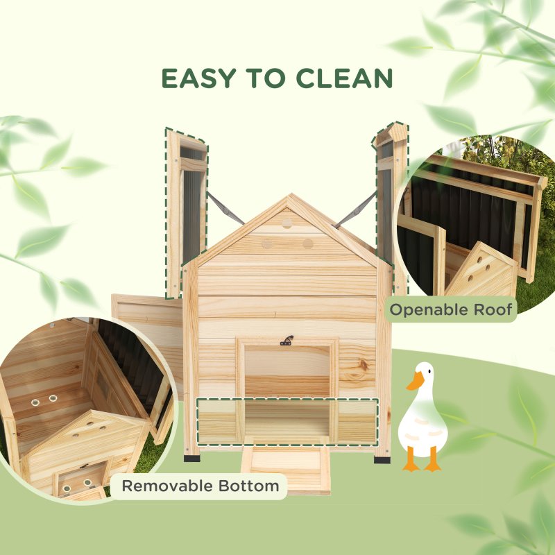 PawHut Wooden Duck House, Raised Poultry Coop with Double Doors, Openable Roof, Ventilation Holes, Removable Base, Natural Wood Finish