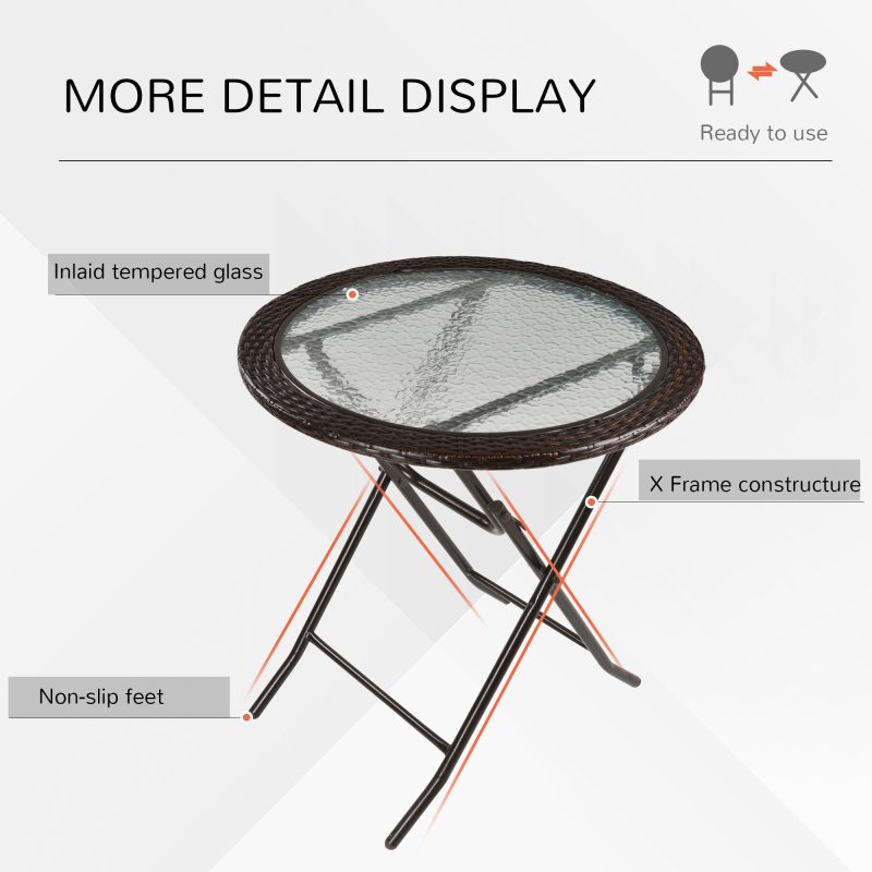 Outsunny Folding Rattan Garden Dining Table, 68 cm Round Rattan Garden Table with Water Ripple Tempered Glass Top, Wicker Edging  and Steel Frame for Outdoor, Patio, Brown
