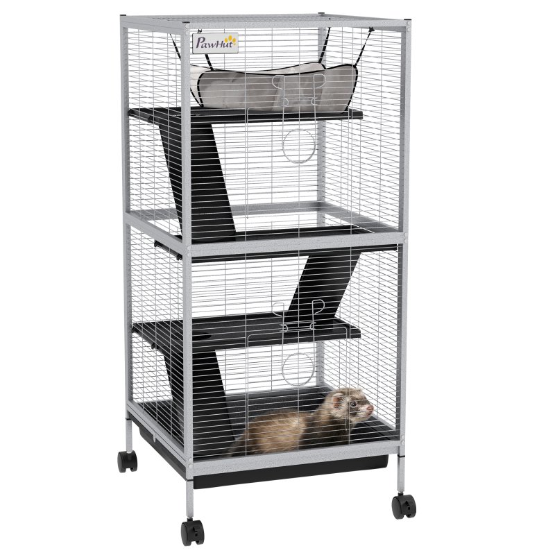 PawHut Small Animal Cage with Wheels Pet Home for Chinchillas Ferrets Kittens, with Hammock, 4 Platforms, Removable Tray, Light Grey