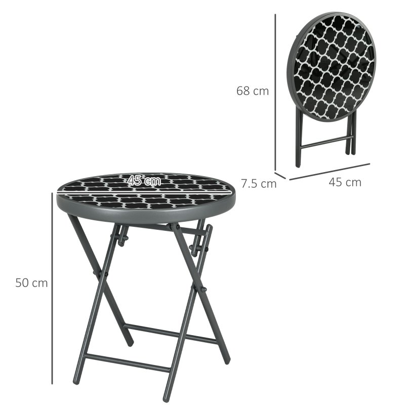 Outsunny ??45cm Garden Side Table, Outdoor Round Folding Patio Table with Imitation Marble Glass Top, Small Coffee Table, Black and White