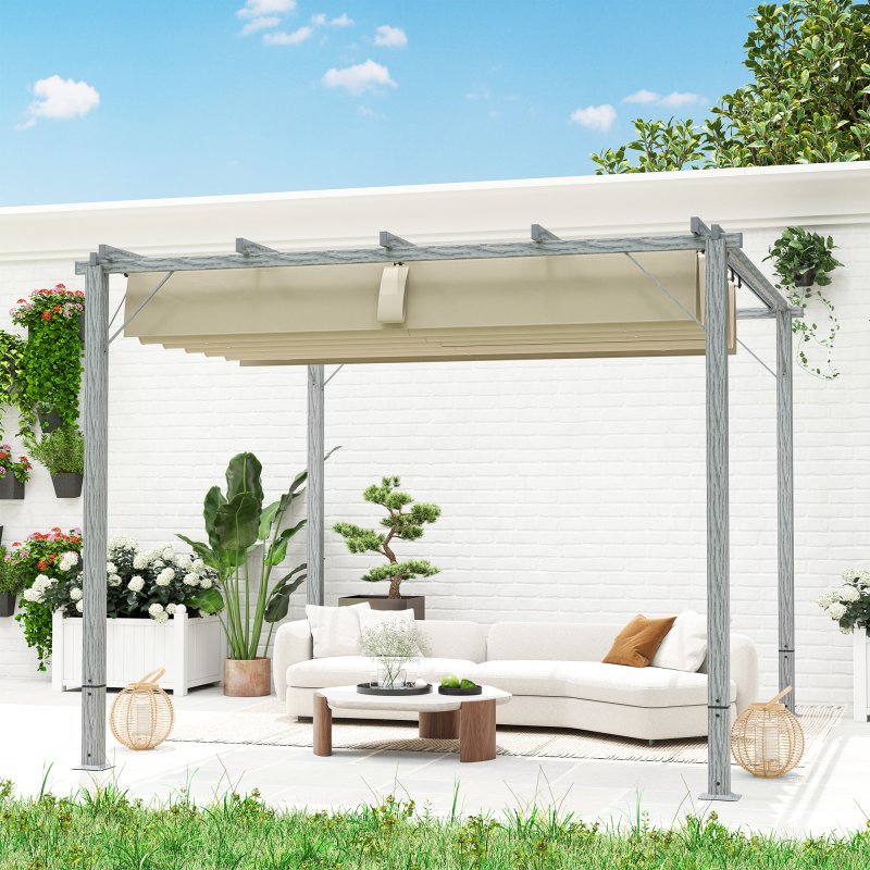 Outsunny 3 x 3(m) Garden Pergola with Retractable Roof Canopy and Wood Grain Aluminium Frame, Outdoor Gazebo Pergola Kit, UPF30+ Sun Shade Shelter for Deck, Porch, Grey