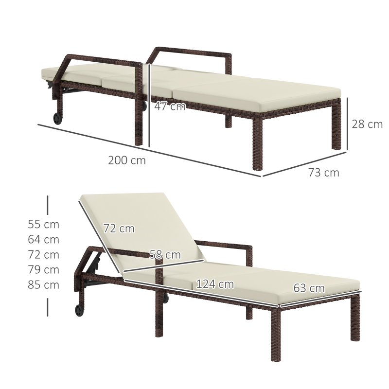 Outsunny Outdoor PE Rattan Sun Lounger, 5-Level Adjustable Backrest Wicker Outdoor Chaise Recliner, Garden Chair with 2 Wheels, Cream White