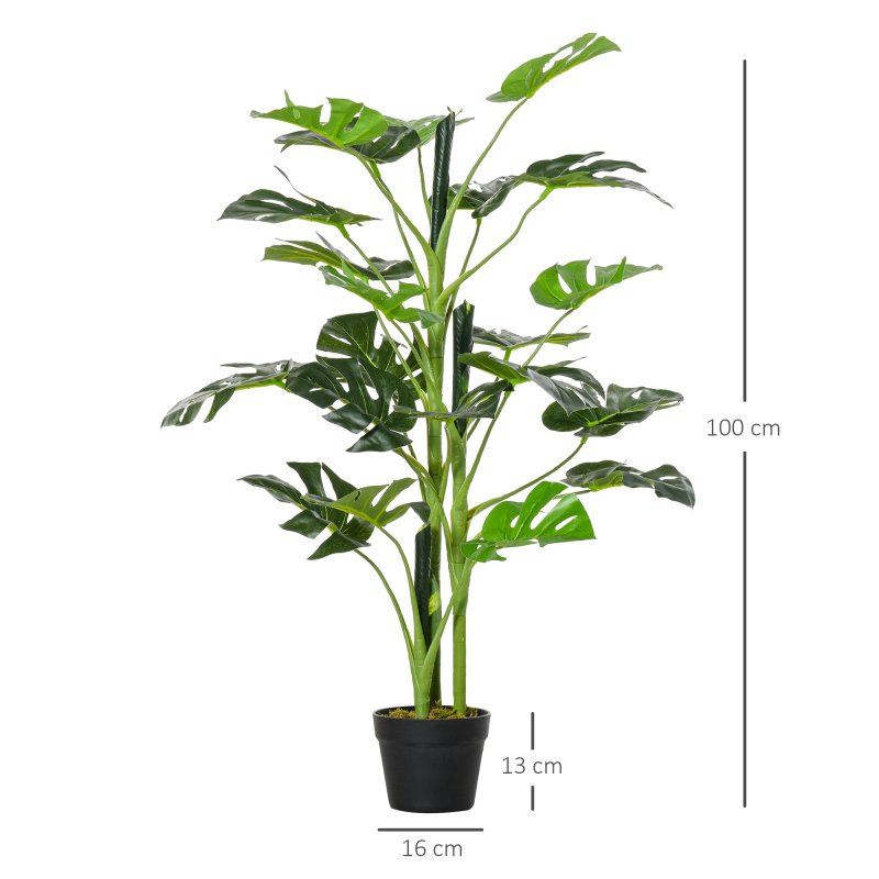 Outsunny 100cm/3.3FT Artificial Monstera Tree Decorative Cheese Plant 21 Leaves with Nursery Pot, Fake Tropical Palm Tree for Indoor Outdoor D??cor