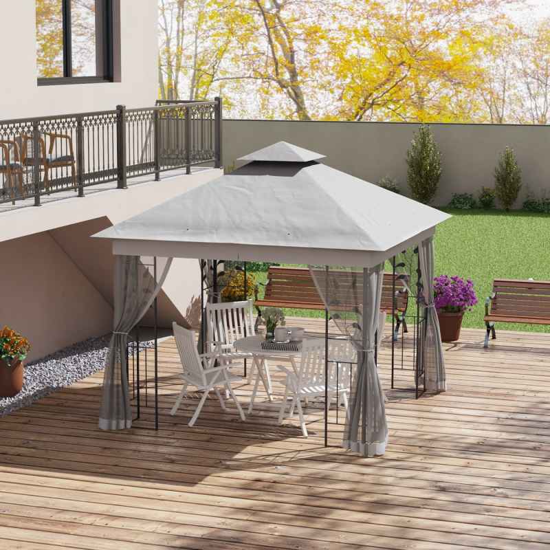 Outsunny 3(m) x 3(m) Garden Gazebo, Double Roof Outdoor Gazebo Canopy Shelter with Netting, Solid Steel Frame, for Garden, Lawn and Deck, Light Grey