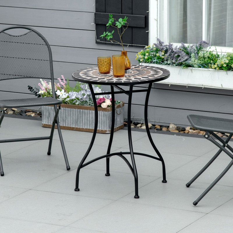 Outsunny 60 cm Mosaic Garden Table, Small Round Outdoor Side Table with Ceramic Top, Plant Stand for Patio, Balcony, Black